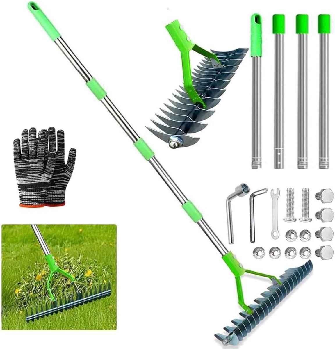 Verticuteermachine met steel - Gazonhark Tuinhark - Gazon Onderhoud - Dubbelzijdig koolstofstaal - 170 cm - Grijs