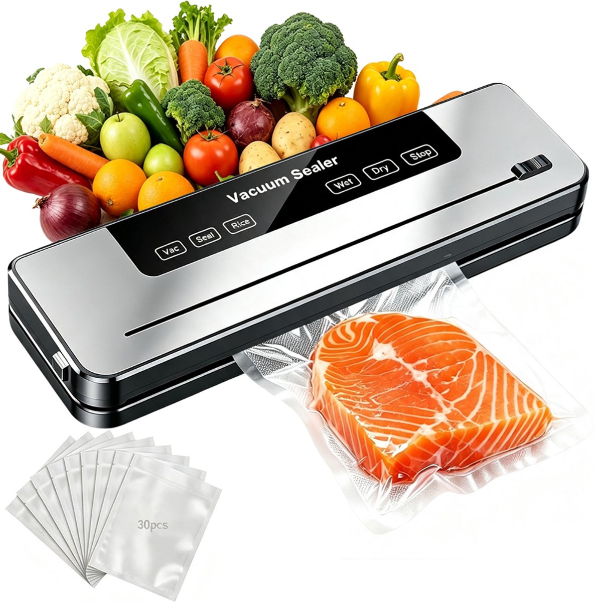 OUYLAF vacumeermachine - Vacuum sealer - Inclusief 30 stofzuigerzakken - 6 programma's - Met snijder - 35.6*11*6.2cm - Zilver + Zwart - Vacuüm Sealer