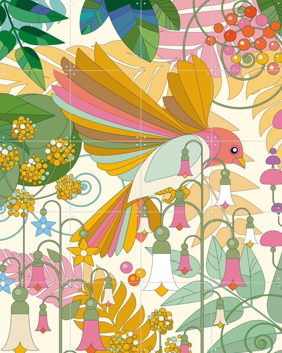 IXXI Morning Bird with Flowers, Bo Lundberg - 80 x 100 cm - Gratis ophangtool - Grote wanddecoratie en posters - Digitale Kunst, Speels, Kleurrijk