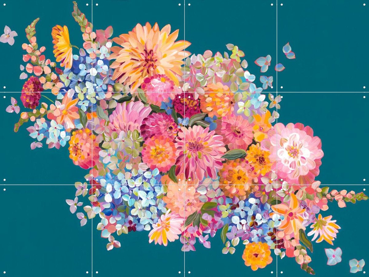 IXXI Big Bunch On Peacock Blue, Libby Chambers - 80 x 60 cm - Gratis ophangtool - Grote wanddecoratie en posters - Kleurrijk, Speels, Digitale Kunst