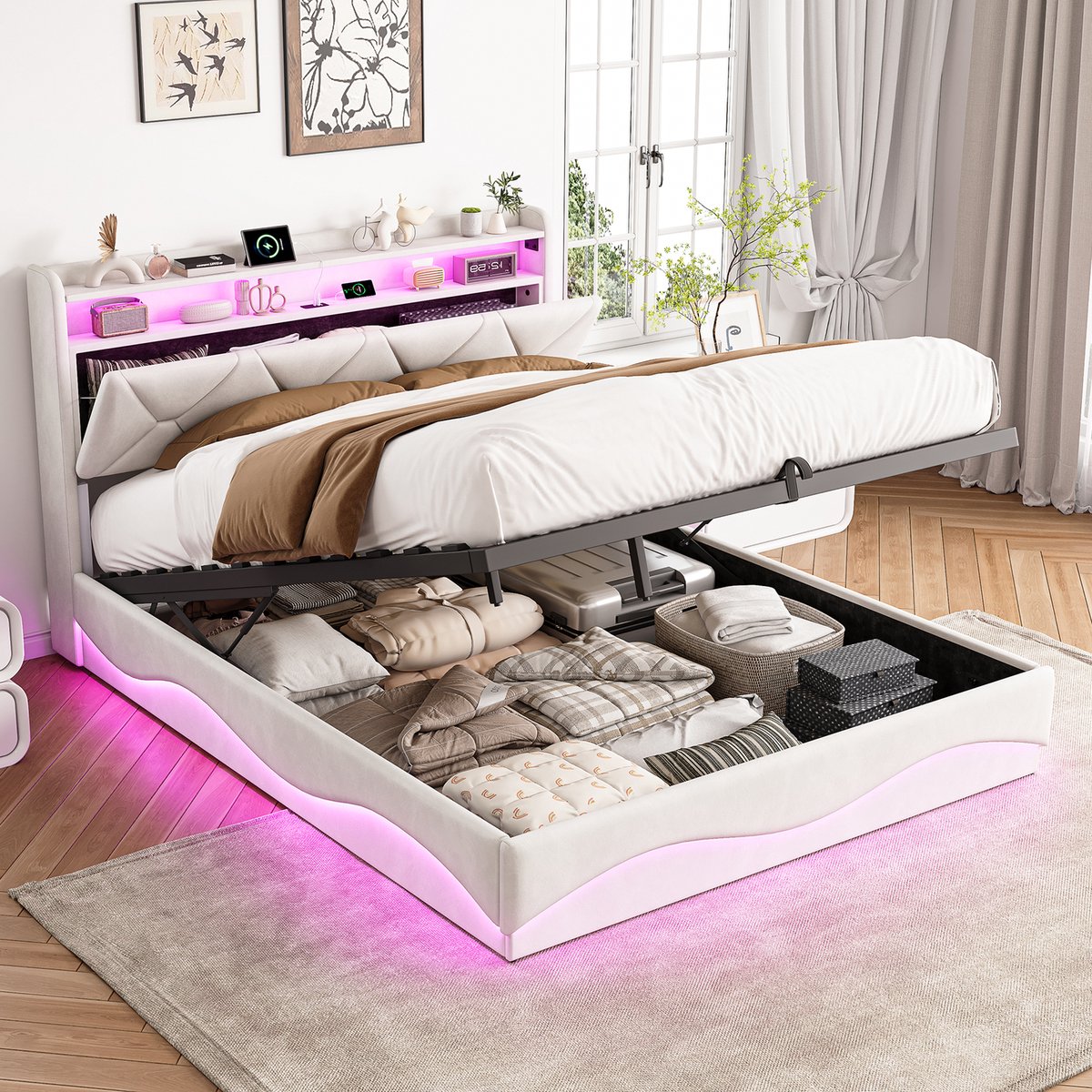 Opbergbed 140x200 cm met ledverlichting, gestoffeerd Tweepersoonsbed met USB/USB-C-aansluiting, gestoffeerd hoofdbord met opbergruimte en plank, bed voor volwassenen en tieners, fluweel Beige