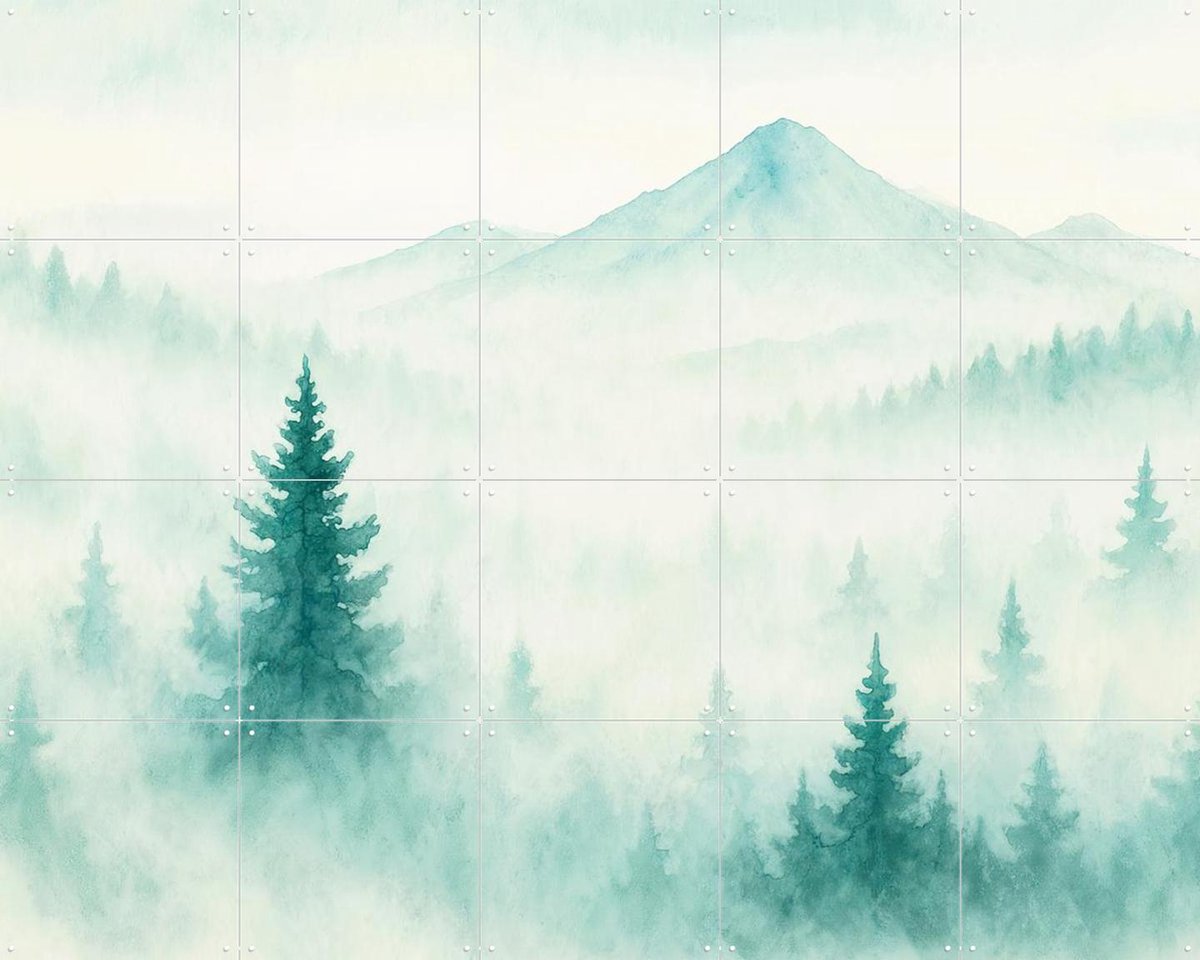 IXXI Berglandschap in de mist, Natalie Bruns - 100 x 80 cm - Gratis ophangtool - Grote wanddecoratie en posters - Aquarel, Gang, Woonkamer