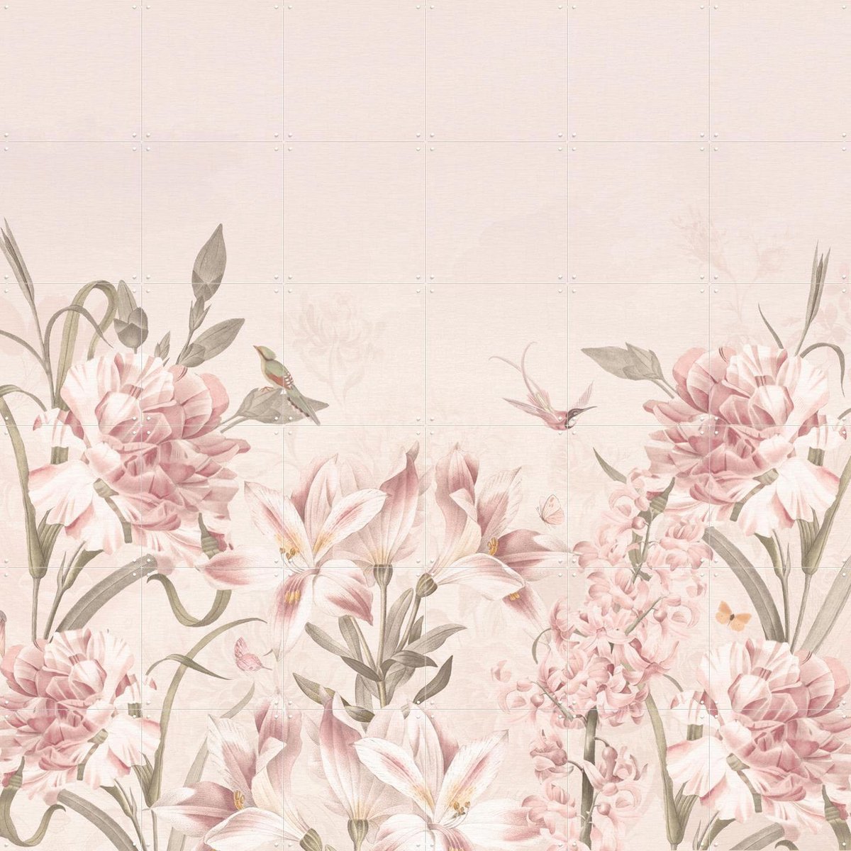 IXXI Vintage Spring Flowersand Birds, Bloomery Decor - 120 x 120 cm - Gratis ophangtool - Grote wanddecoratie en posters - Vintage, Fantasierijk, Art