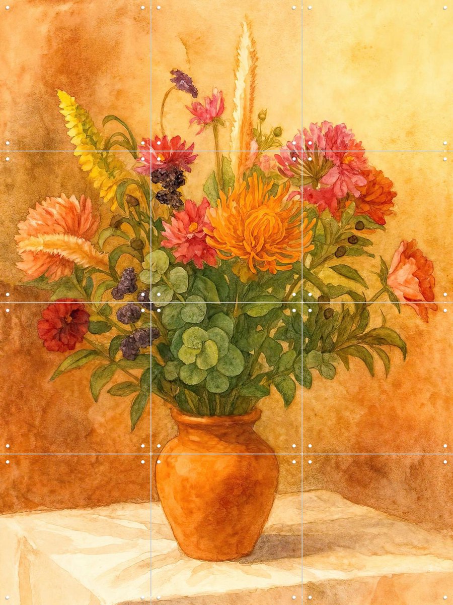 IXXI Bos Bloemen in Terracotta Vaas, Natalie Bruns - 60 x 80 cm - Gratis ophangtool - Grote wanddecoratie en posters - Vintage, Aquarel, Slaapkamer