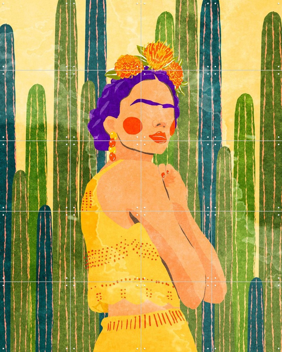 IXXI Frida and Cacti, Raissa Oltmanns - 80 x 100 cm - Gratis ophangtool - Grote wanddecoratie en posters - Modern, Illustraties, Speels, Digitale