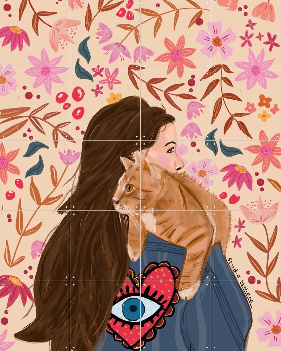 IXXI Cat On My Shoulder, Studio LaWiene - 80 x 100 cm - Gratis ophangtool - Grote wanddecoratie en posters - Fantasierijk, Retro, Impressionisme