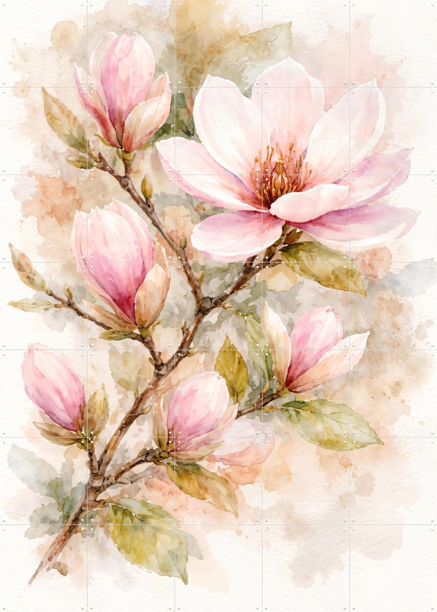 IXXI Magnoliatak met Roze Bloesem, Natalie Bruns - 100 x 140 cm - Gratis ophangtool - Grote wanddecoratie en posters - Aquarel, Slaapkamer, Woonkamer