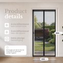 Zwarte hor van 100x230 cm, met details over de klittenband bevestiging.