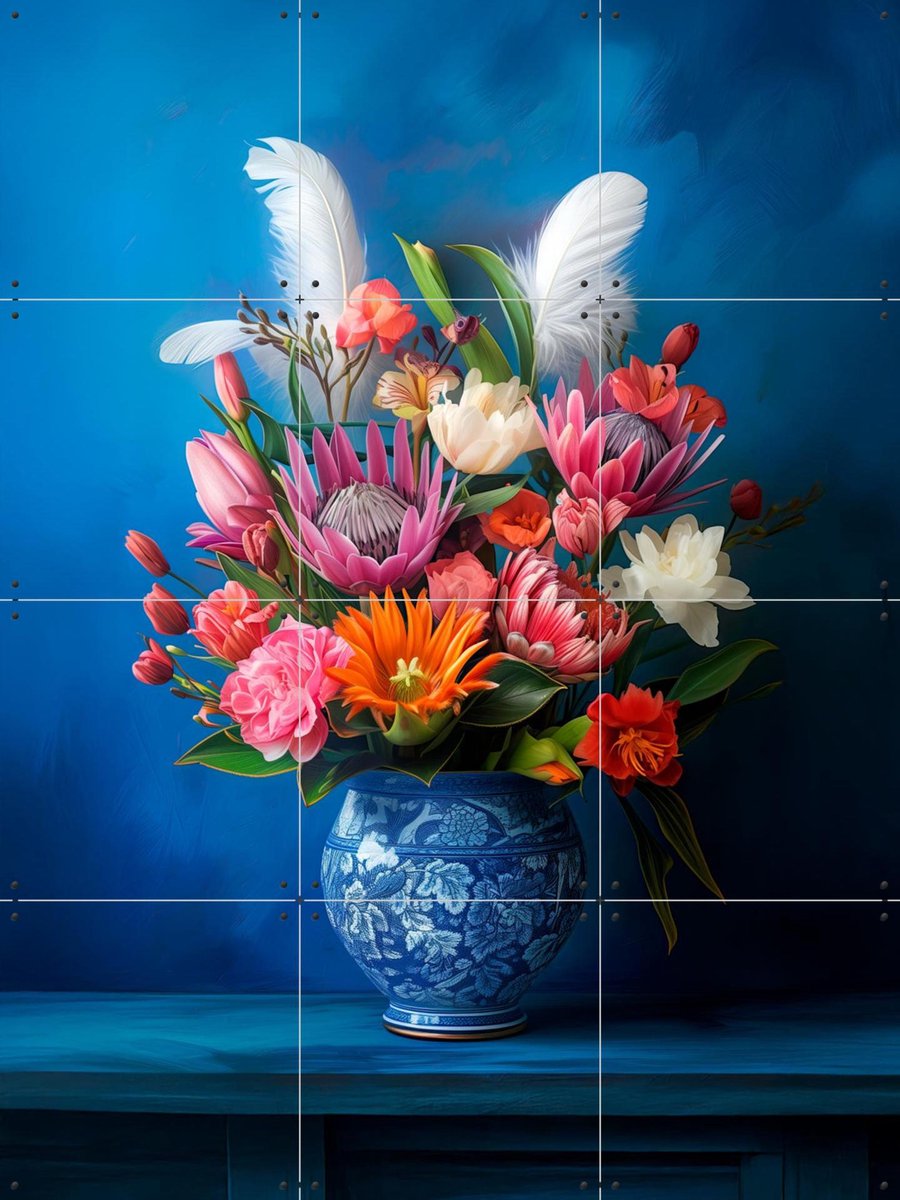 IXXI Delft Blue Floral Still Life with Colorful Flowers and White Feathers, OTTI - 60 x 80 cm - Gratis ophangtool - Grote wanddecoratie en posters -
