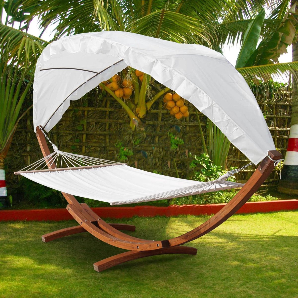 Hangmat XXL met frame en zonnedak 410 cm, tot 200 kg, ligoppervlak 200 x 150 cm, hangmat van weerbestendig larikshout, staafhangmat voor 2 personen, voor binnen en buiten