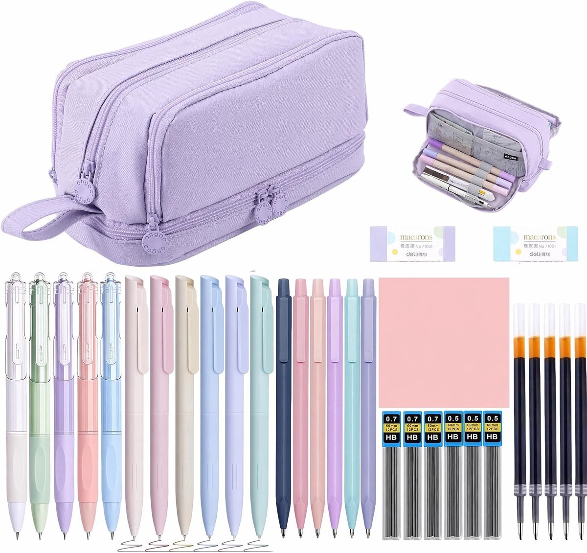 32 Delige Schrijfset, Inclusief Een Etui, 6 Kleurpotloden, 5 Zwarte Balpennen, 6 Vulpotloden, 2 Gummen En Plakbriefjes, School- Of Kantoorbenodigdheden (Paars)