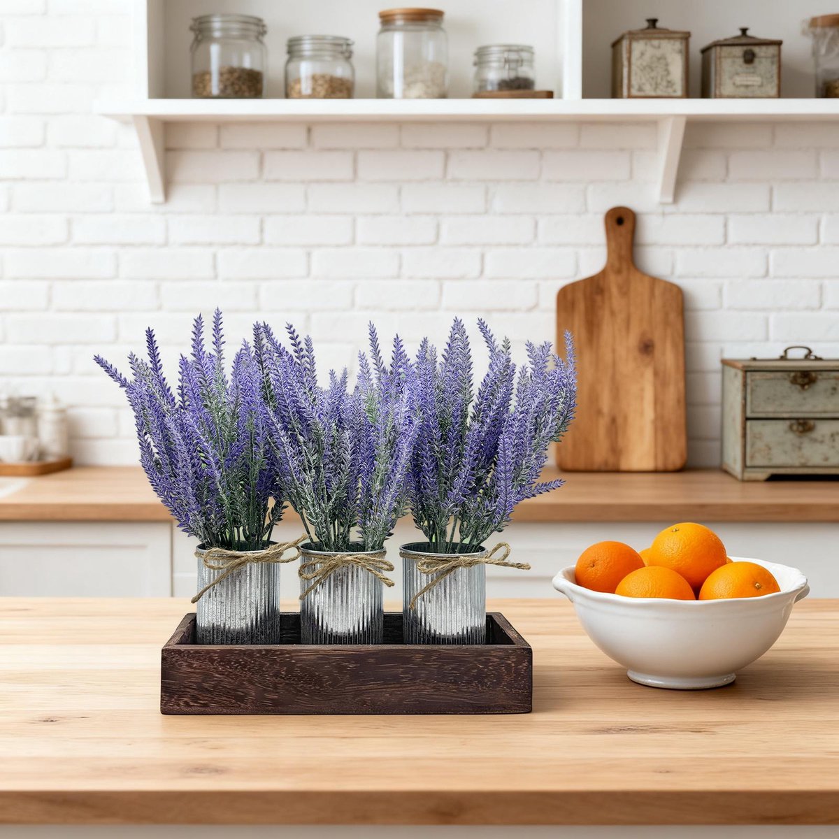 Danky Kunstbloemen Lavendel - 7-delige decoratieset met houten kist en metalen emmer - 33 cm