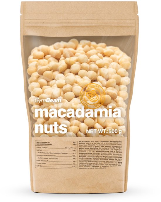 GymBeam macadamianoten, 500 g, verpakt in een bruine zak.