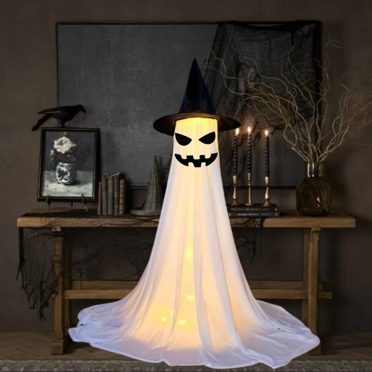 Ulisem - Halloween spookdecoratie - 1 set met led lichtsnoer en afstandsbediening - 120 cm groot hangend spook - Wit gaas met gloeiend effect - Stevig metalen statief - Geschikt voor entree, tuin en feest - Eenvoudig te installeren - E