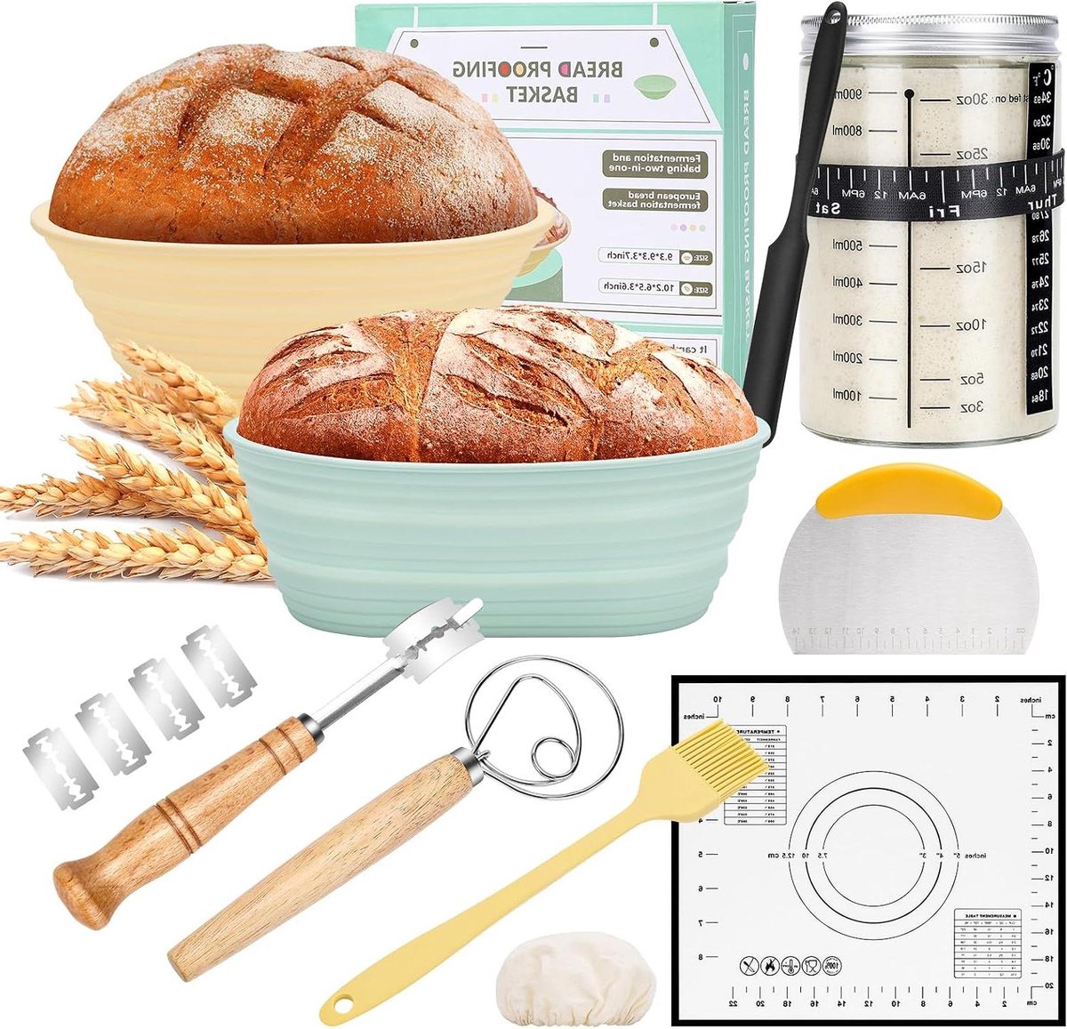Zuurdesem Starterset - Broodbak Set - Zelf Brood Bakken - Complete Kit - 23 & 25 cm - Grijs