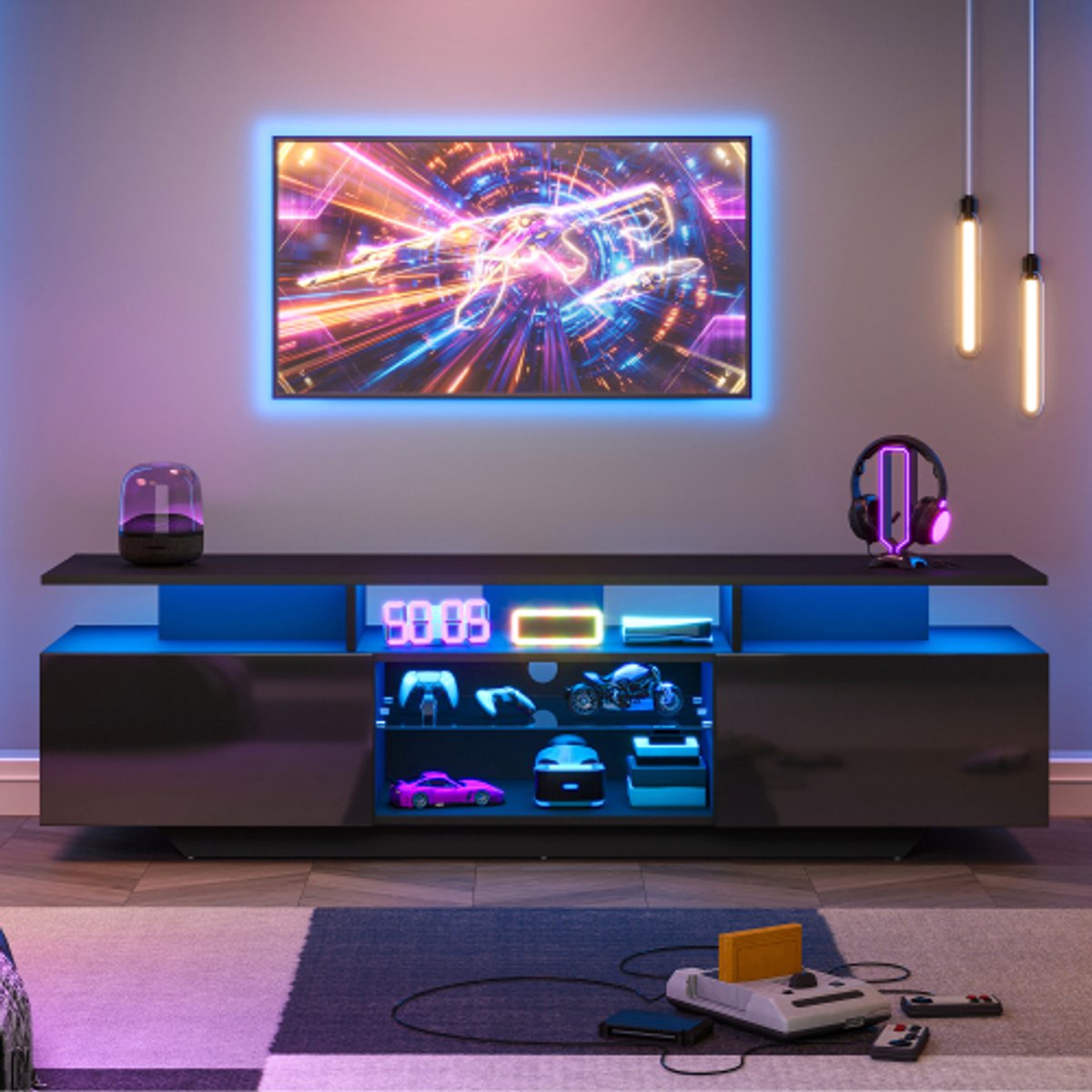 Tv Meubel Zwart met opbergruimte en gehard glas - 160 x 40 x 45cm - Vrijstaande tv kast met LED verlichting - Geschikt voor tv tot 70 inch