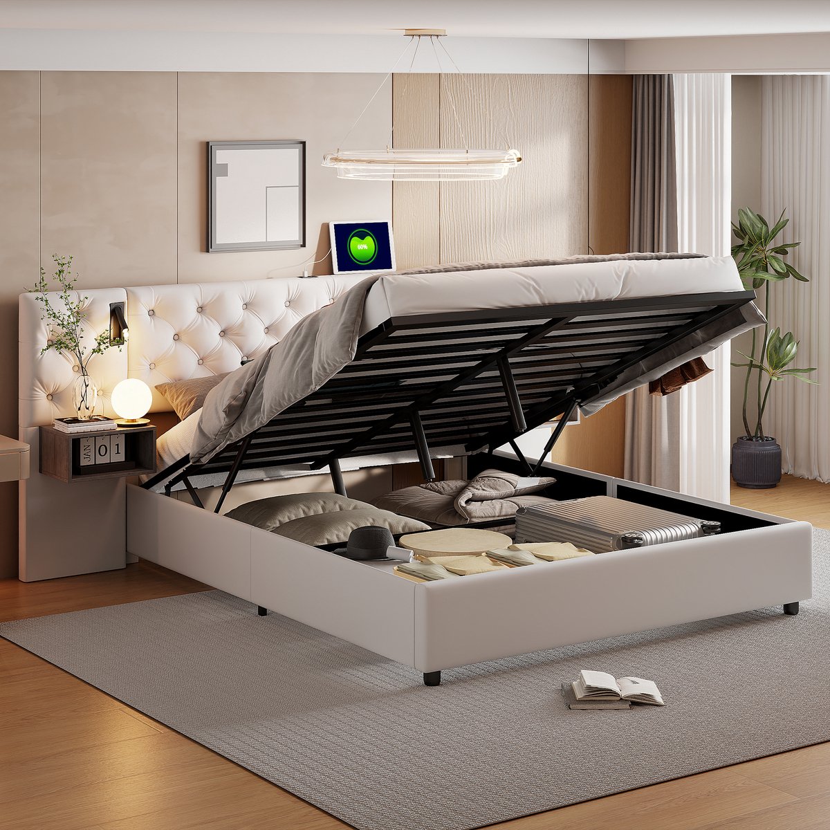 Opbergbed 140x200 cm met gewatteerd hoofdeinde en 2 opbergvakken, USB- en Type-C-aansluiting, Tweepersoonsbed met lattenbodem, Bedframe voor volwassenen en tieners, fluweel Beige