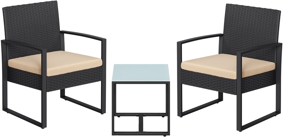 Balkonmeubelen – tuinmeubelset – gemaakt van PE-polyrattan – Zwart-beige