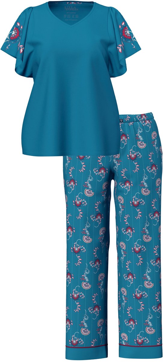 Ulla Popken - Dames - Pyjama paisleymotief V-hals kapmouwen - Petrol - Maat 50+