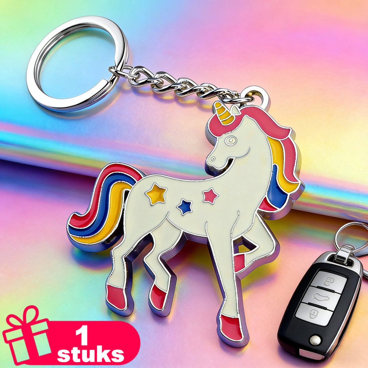 Decopatent - Premium Keychain - Eenhoorn Sleutelhanger - Unicorn Sleutelhanger - Metalen Sleutelhanger - Regenboog Eenhoorn - Sleutelhanger Kinderen - Cadeau Meisjes - Zilverkleurig