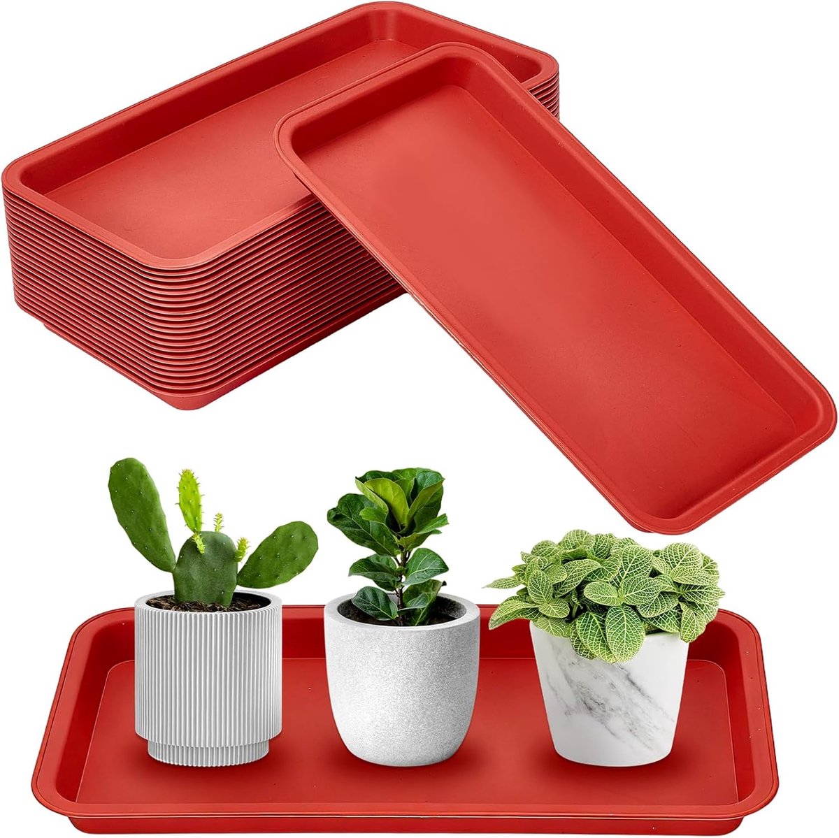 22 stuks rechthoekige plantenschotelpannen, grote plastic plantenlekbakken voor water geven, bloempotbakken voor binnen, buiten, tuinbenodigdheden (Indianrood, 33 x 17 x 2,1 cm)