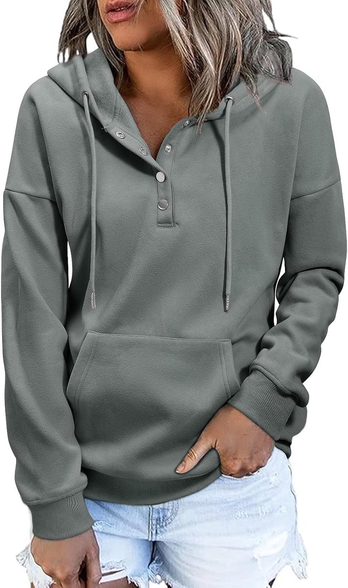heekpek Capuchontrui voor dames, hoodie, herfst, winter, warm sweatshirt, lange mouwen, V-hals, knoopsluiting, casual, fleece, pullover voor dames
