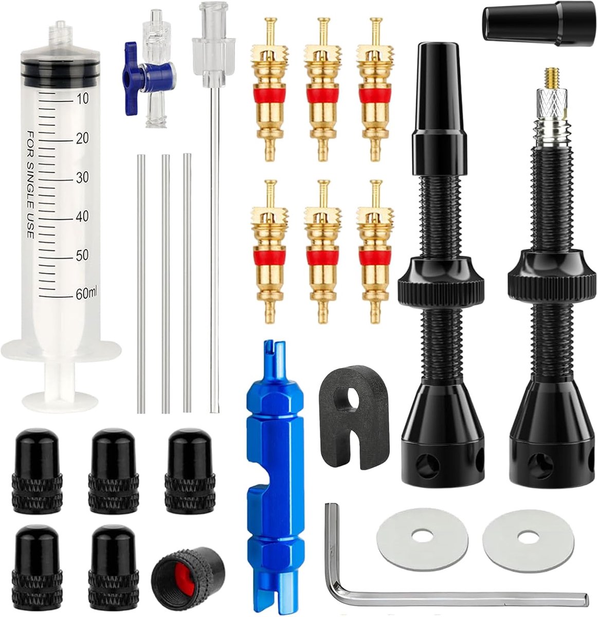 ventielset, Presta-ventiel met complete set incl. tubeless-spuit, ventielkern, gereedschap en ventieladapter voor fietsreparatie