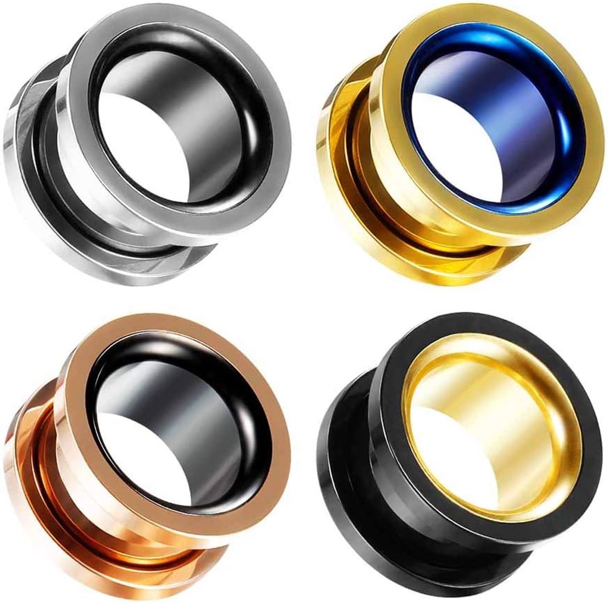 Oormeters schroef chirurgisch stalen pluggen, vlees brancards oorbellen, maat 6mm tot 30mm kleurrijke tunnels.