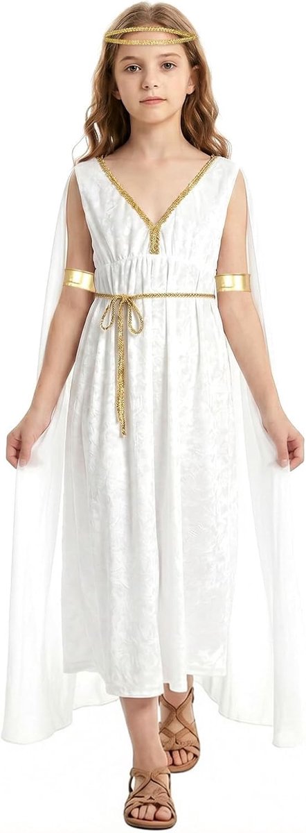kleding voor meisjes, Griekse godin performance kostuum met gouden armband taille touw hoofdtooi, oude Griekse godin meisje kostuum voor wereldboek dag Kerstmis Halloween