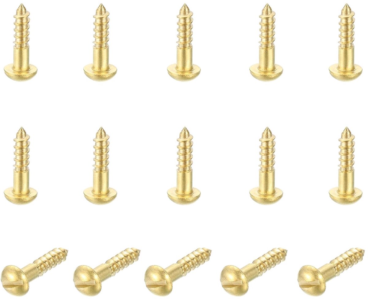 15 Stuks Messing Schroeven, M2,5 x 10 mm Zelftappende Houtschroef Ronde Hoofd Volledig Gespleten Voor Meubelreparatie Fotolijst Droge Scheidingswanden Huishoudelijke Apparaten, Goud