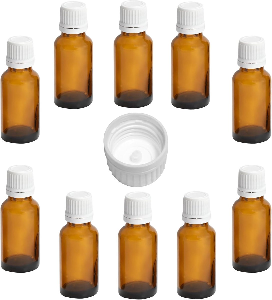10 x 20 ml medicijnflessen apothekersflessen, bruin, met schroefdop en originaliteitsring, stokfles