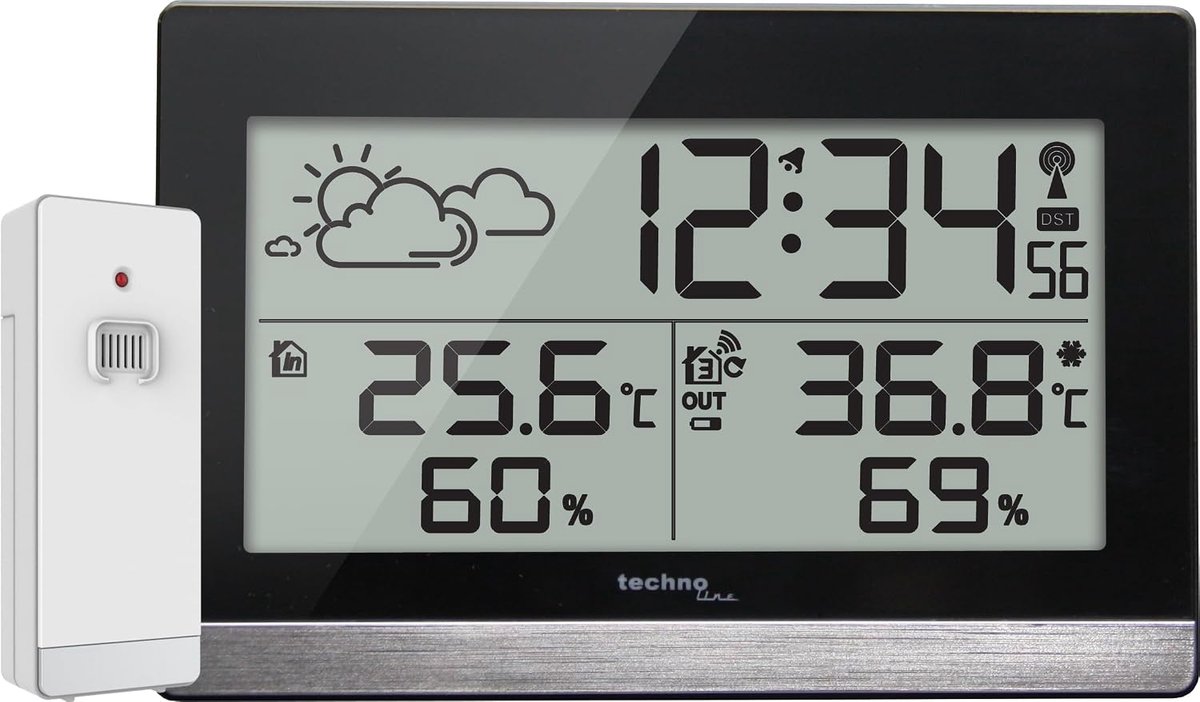 SnelShoppen - Weerstation met Buitenvoeler, Weersvoorspellingen, Binnen- en Buitentemperatuur, Modern Design, Zwart en Zilver
