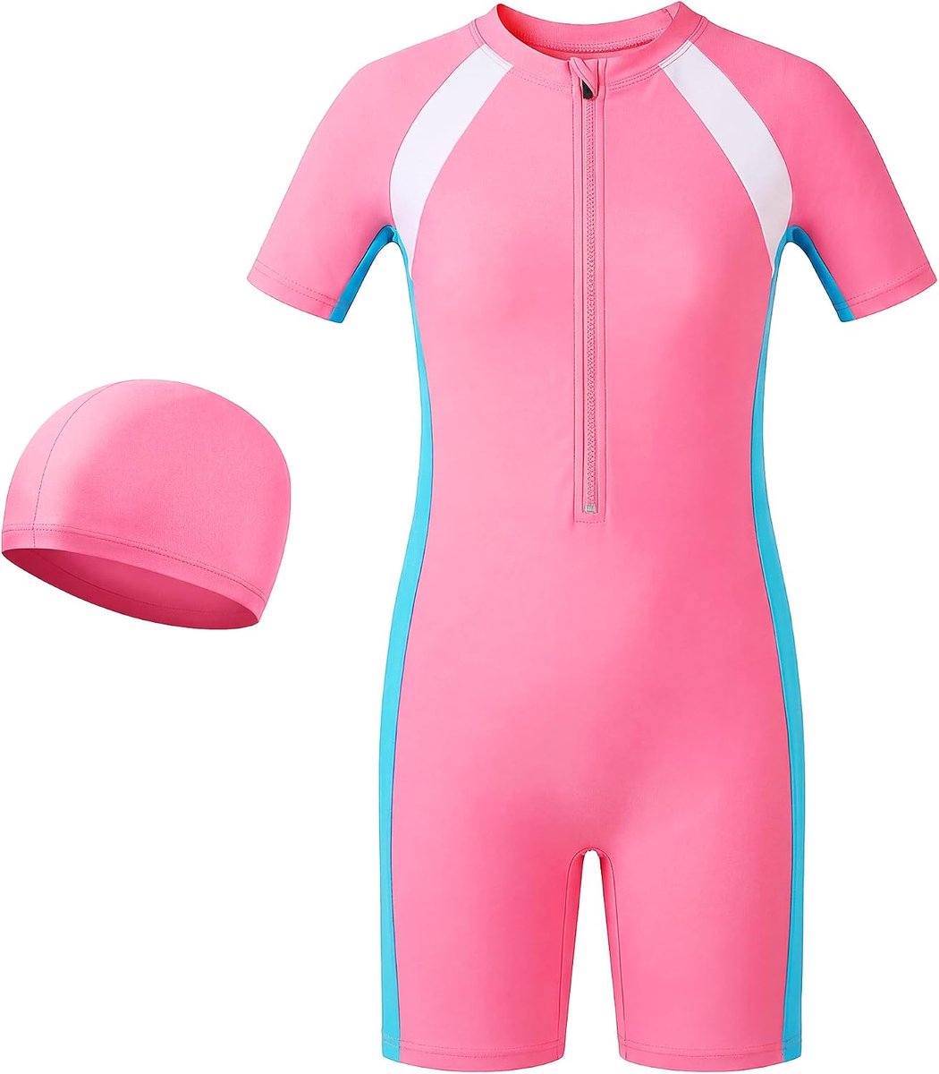 kinderzwempak met badmuts voor jongens en meisjes, zwempak met korte mouwen en ritssluiting, zomerkleding, badmode, zwemkleding voor strand, zwembad en zwemles 4-12 jaar