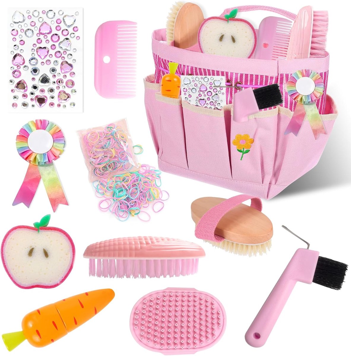11 stuks paardenpoetsbox speelgoed, poetsdoos paard kinderen met tas, borstels, kam en hoefkrabber, paardenpoetsgereedschap roze voor meisjes, nep speelmateriaal, Magic Brush Horse cadeau