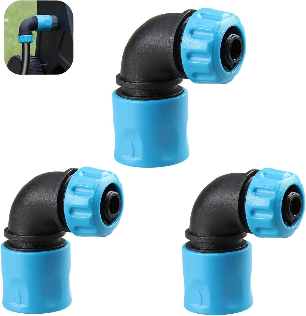 3 stuks slangkoppeling, tuinslangconnector, blauwe slangconnector voor tuinirrigatie en huishoudelijke waterleiding, tuinslangaansluiting met 90 graden hoek voor flexibele buisverbindingen