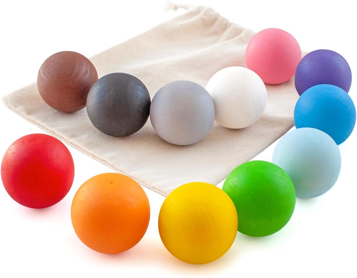 Houten Ballen Vervangingsset Montessori Speelgoed vanaf 1 Jaar | Voor Ulanik Ballen in Bekers; 12 heldere kleuren; linnen zak; bekers niet inbegrepen