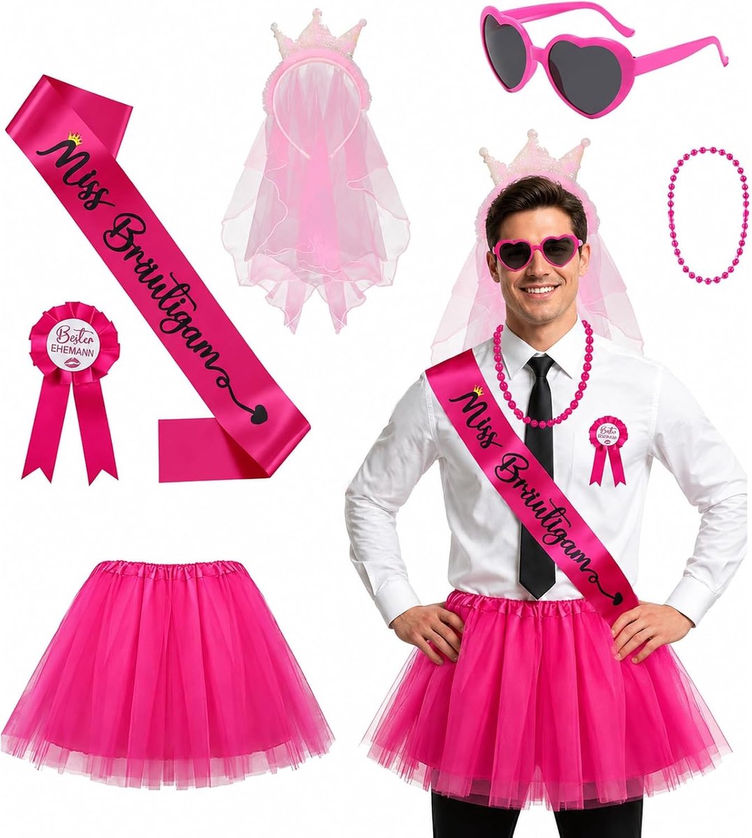 JGA Herenkostuumset, 6 stuks, roze, vrijgezellenfeest, accessoires met tutu, sjerp, sluier, zonnebril en halsketting
