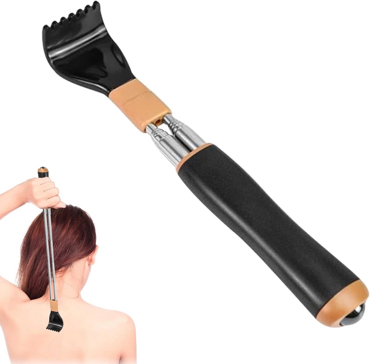 telescoop met massagekralen, versterkt, uniseks | Van 21 cm tot 54 cm uittrekbaar, rugkrabber voor mannen en vrouwen, telescopische rugkrabber zwart
