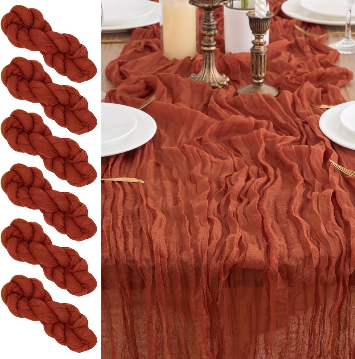 Tafellopers, 6 stuks, kaasdoek, boho-gaas, kaasdoek, rustiek tafelkleed voor bruiloftsdecoratie, tafeldecoratie, 90 x 300 cm (roestrood, 90 x 300 cm, 6 stuks)