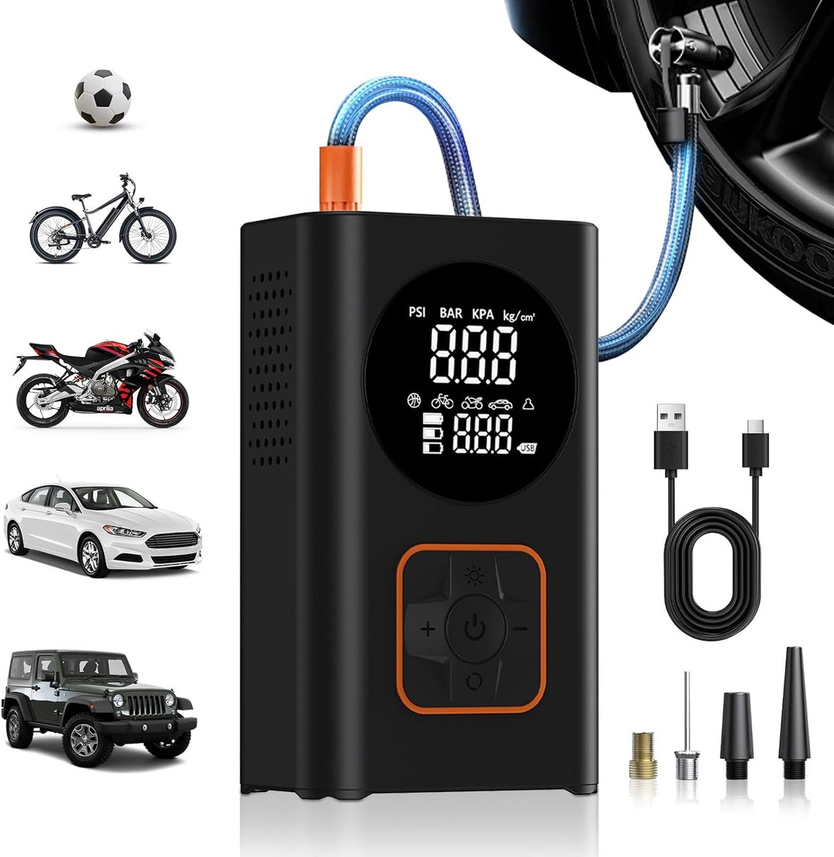 luchtpomp, 150 psi, 4000 mAh, draagbare mini-compressor met ledlicht, drukinstelling en automatische uitschakeling, draagbaar, voor auto, fiets, motorfiets, ballen
