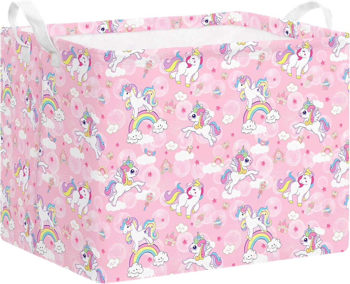 decalsweet Grote wasmand met handgrepen, 36 liter, opbergmand voor kinderen voor kleding en speelgoed, wasmand kinderkamer, voor meisjes en jongens, opvouwbare speelgoedkist, eenhoorn, regenboog