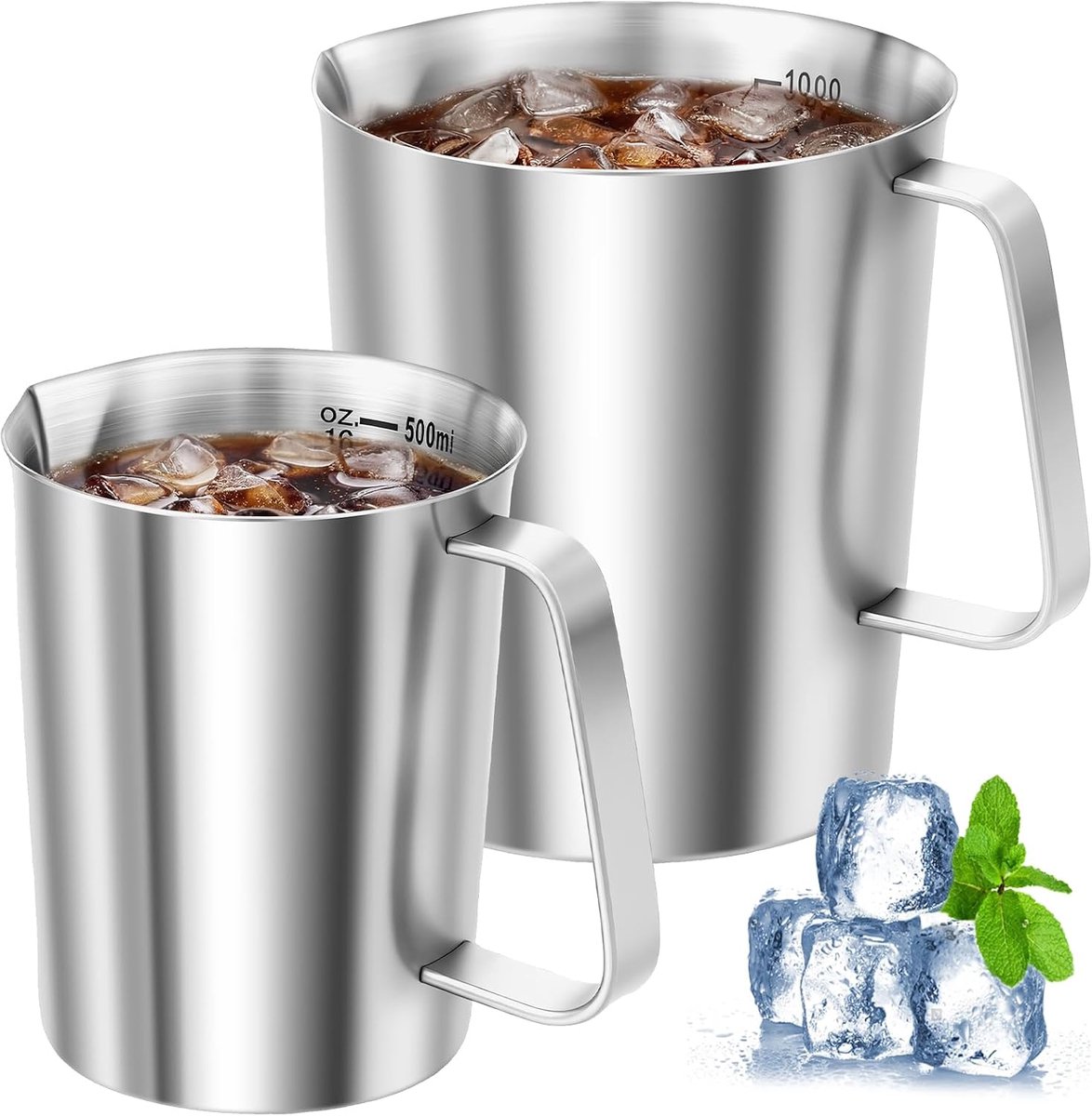Maatbekers van 500 ml en 1000 ml met schaal en tuit, robuuste keukenmaatbekers van roestvrij staal met handvat voor koffie, bar, restaurant en bakken