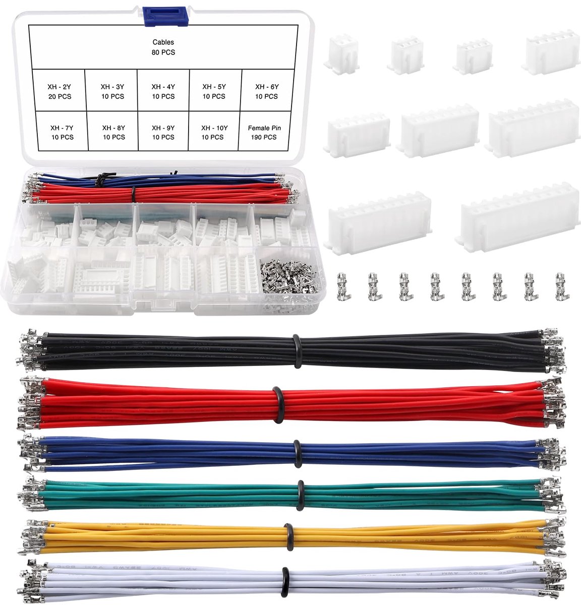370 Stuks 2/3/4/5/6/7/8/9/10-Pins 2.54mm JST-Connectorkit, JST-XH Vrouwelijke Connector, met 22AWG Dubbelvoudige Kop Voorgekrompen Kabeldraad