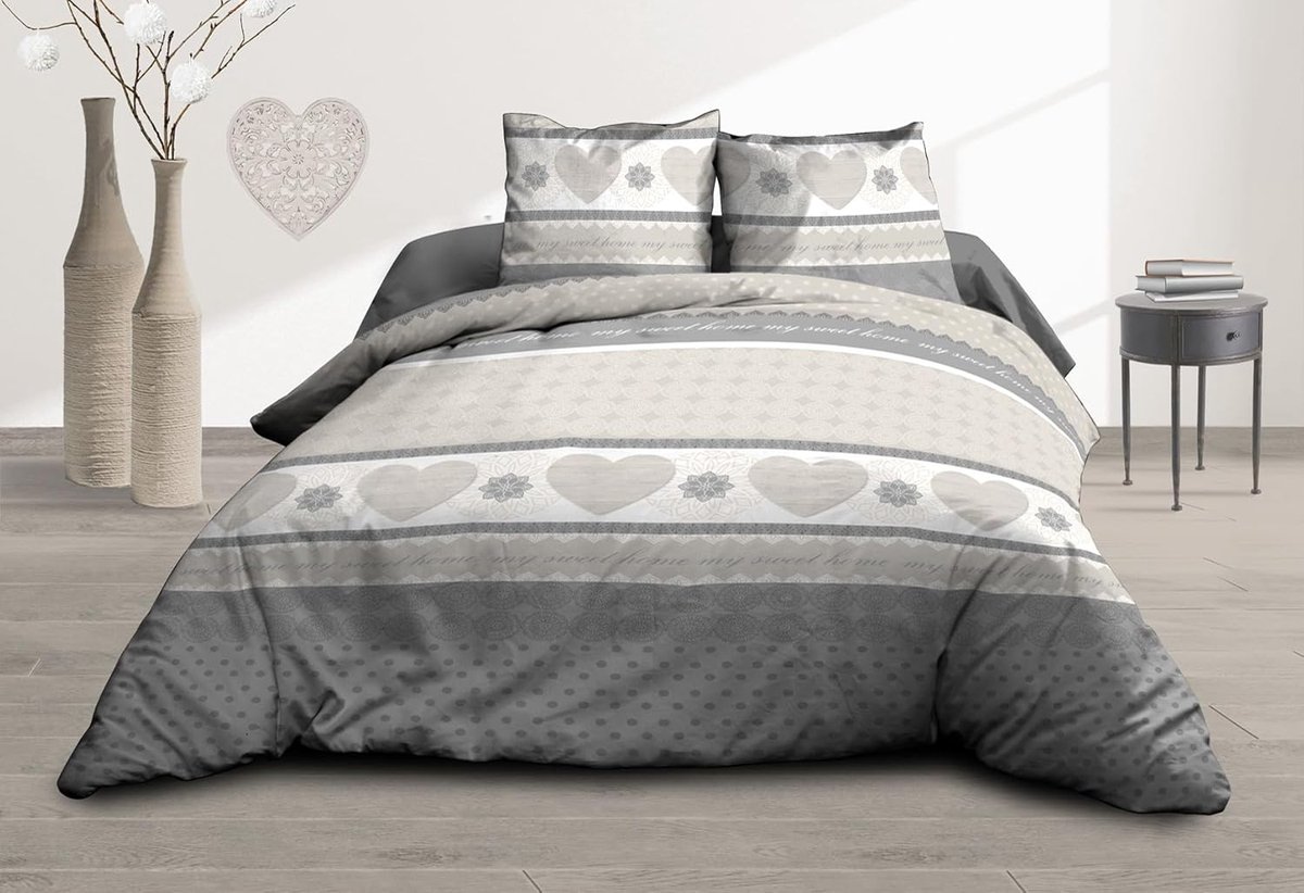 linge de Jules Bedlaken + hoeslaken, 160 x 200 cm + 2 T, puur katoen, draaddichtheid 57, harten, grijs
