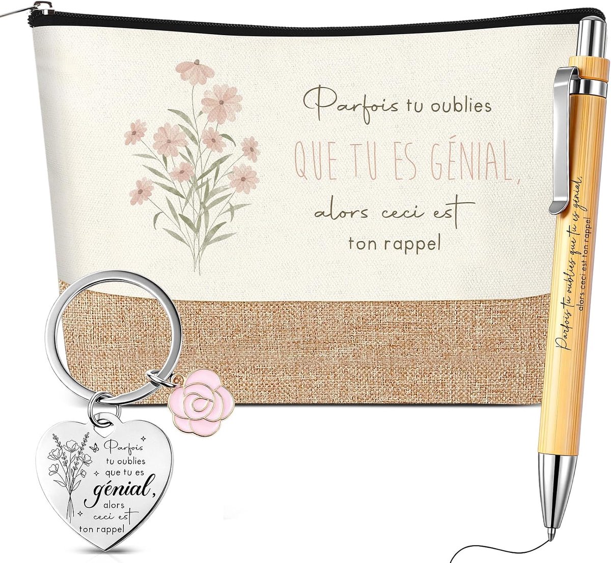 Cadeauset Collega's Inspirerende Sleutelhanger Regenboog Make-Uptasje Motiverende Intrekbare Balpen Cadeau-Idee Voor Vrouwen, Verjaardag, Afscheid(Bloemen)