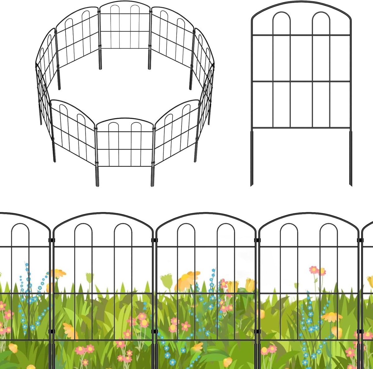 20 stuks decoratieve tuinhek, dierenbarrièrehek, roestvrij metaaldraad, geen graafhek, terrasgrens, dierenhek voor honden, konijnen, buiten, patio, 61 cm (H) x 6,6 m totale lengte