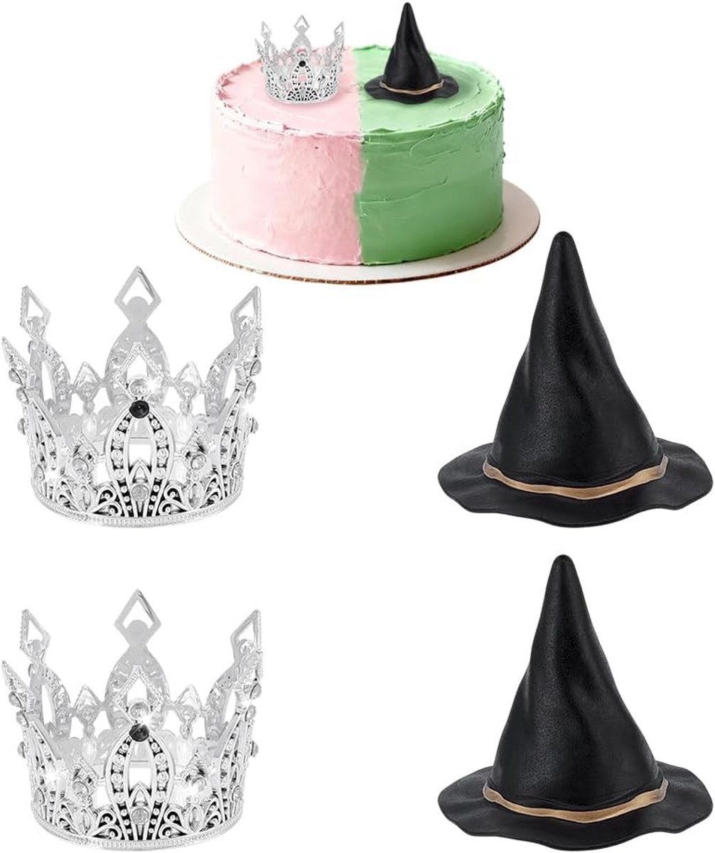 thema feesttaartdecoratie 2 stuks zilveren kroon 2 stuks zwarte heksenhoed mini tovenaar hoeden kroon cupcake decoraties benodigdheden voor film thema feest prinses verjaardag
