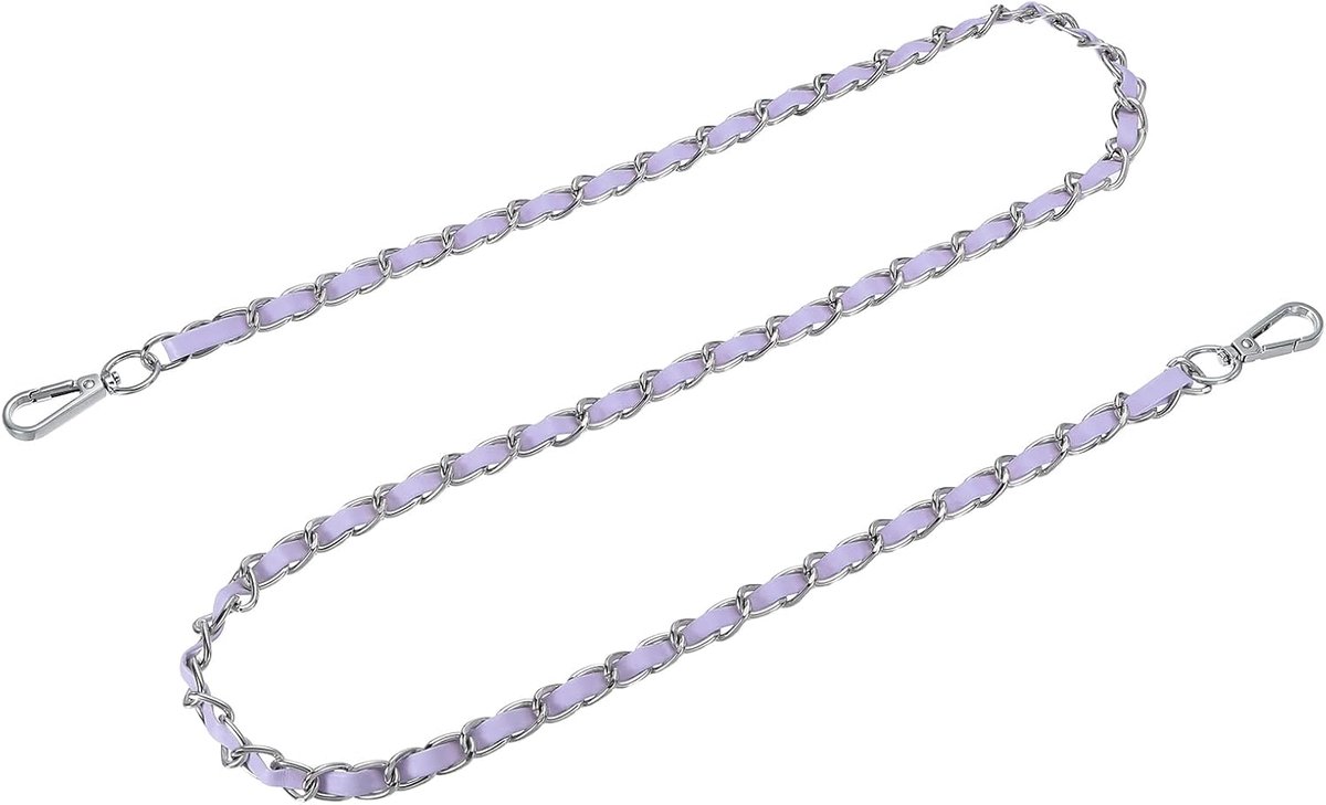 Zakketting, metalen ketting, draagriem, 120 cm, schouderriem, leer, ijzer, platte ketting, tasriem met gespen, riem voor schoudertas, crossbody tassen (paarse riem + zilveren ketting)