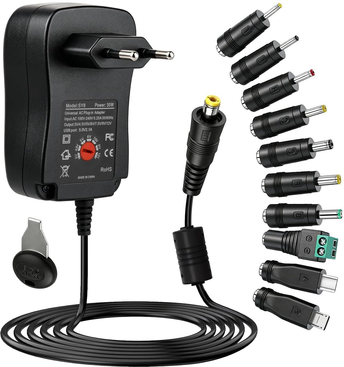 30W Universele AC/DC-lader 220-230V USB-netadapter 3V-12V, multi-spanningsvoeding met 10 uiteinden voor laptop, router, LED-strip en huishoudelijke elektronica