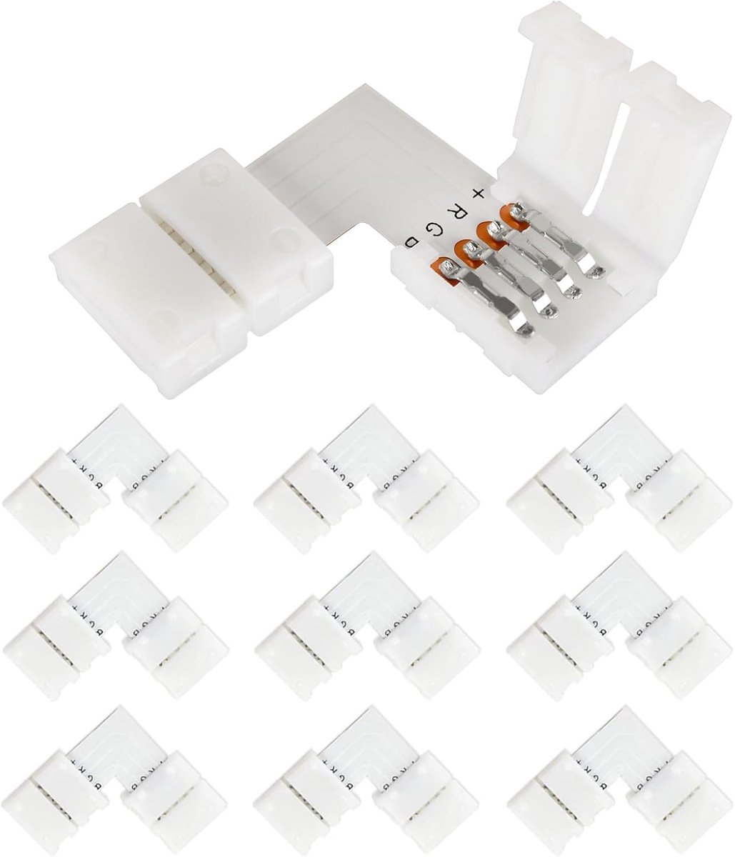 Led-hoekverbinder, 10 stuks, 4-polig, 10 mm, L-vorm, LED-strip, snelkoppeling, hoekverbinding, voor 5050 RGB ledstrips | Led-connector, soldeervrije stripconnector voor 3528 5050 led-lichtstrips